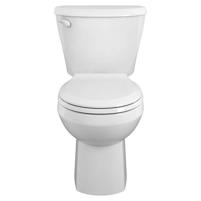A white toilet is sitting on a white surface.