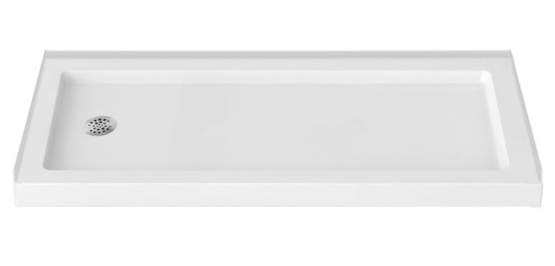 A white shower tray with a drain on a white background.