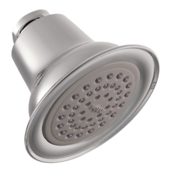 A stainless steel shower head with holes in it