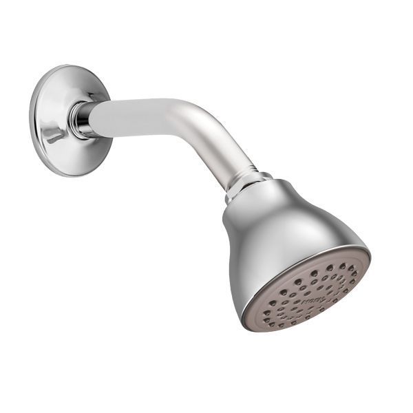 A chrome shower head on a white background