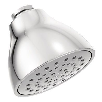 A close up of a chrome shower head on a white background.