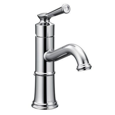 A chrome bathroom sink faucet with a handle on a white background.