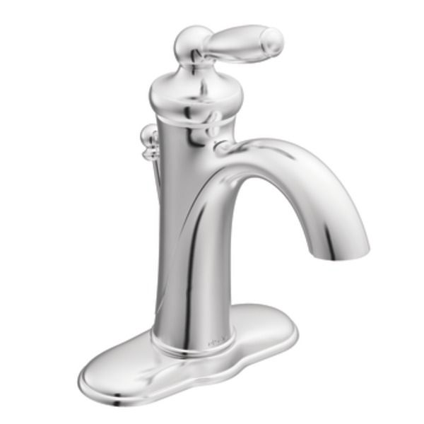 A chrome sink faucet with a handle on a white background