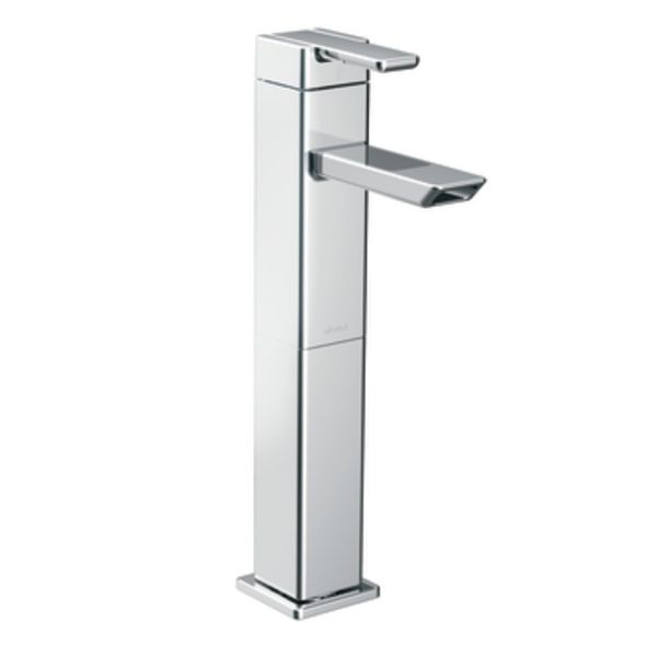 A tall chrome faucet with a square handle on a white background.