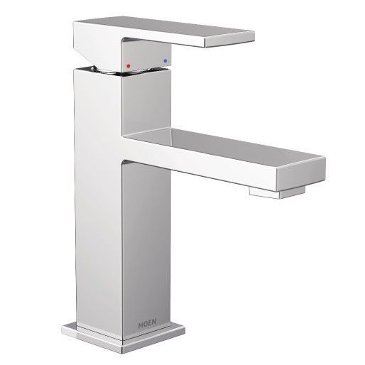A white bathroom sink faucet with a square handle on a white background.