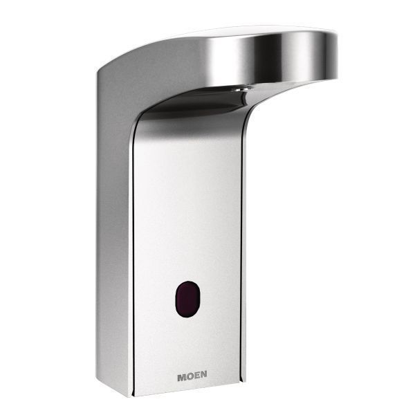 A stainless steel soap dispenser with the word moen on it