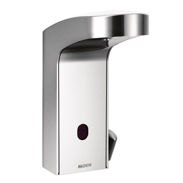 A stainless steel moen hand soap dispenser on a white background