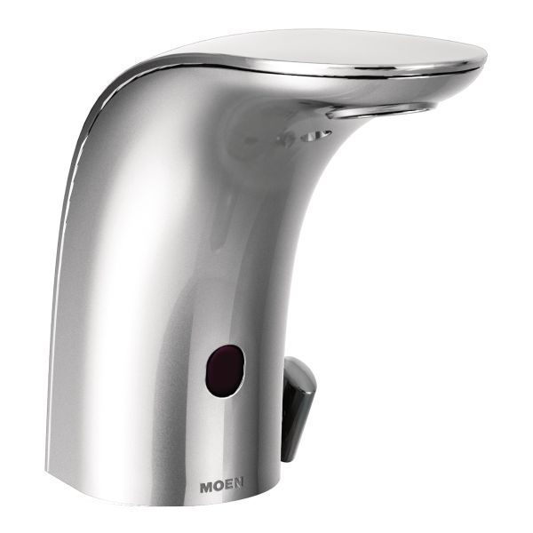 A stainless steel faucet with the word moen on it