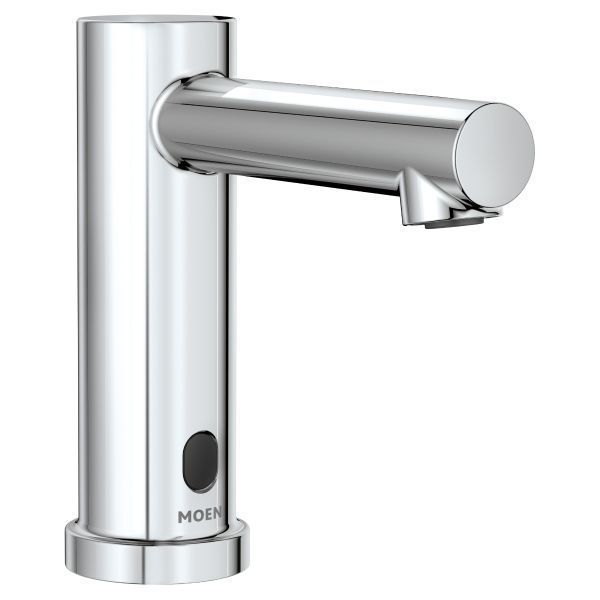 A close up of a moen faucet on a white background