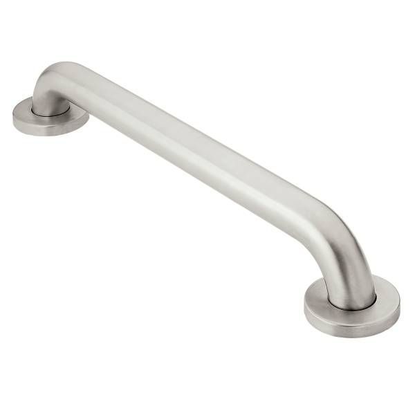 A stainless steel grab bar with a round base on a white background.