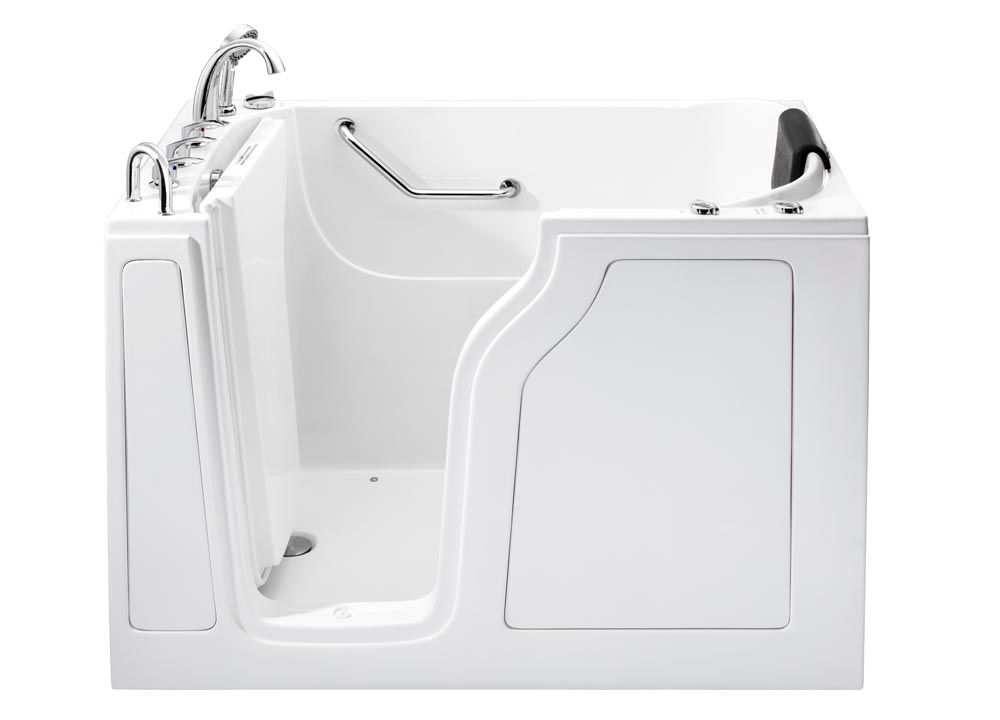 A white walk in tub with a door and handles on a white background.