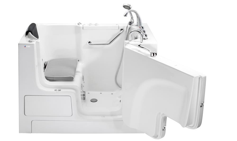 A walk in tub with the door open and a seat.