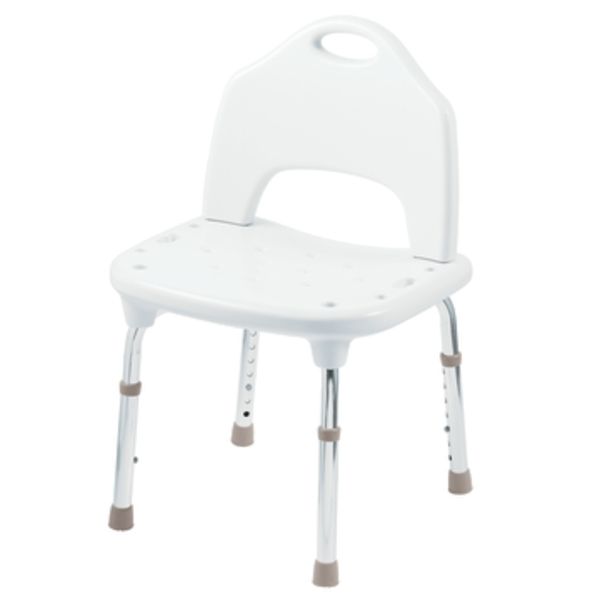 A white bath chair with a handle on the back