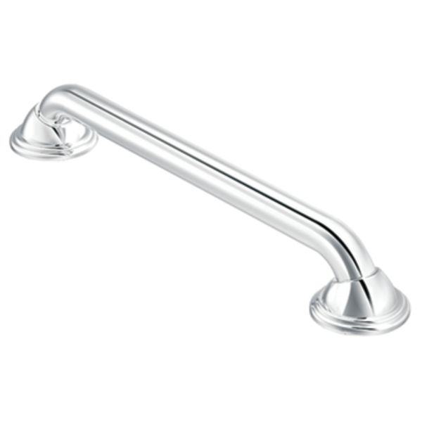 A stainless steel grab bar on a white surface