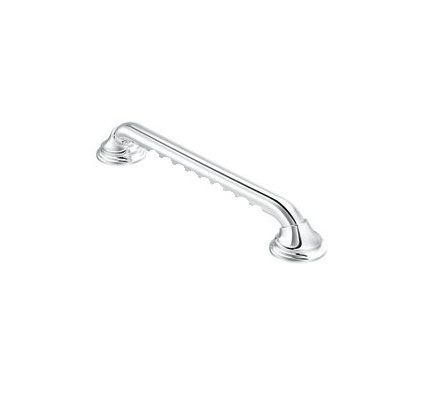 A chrome grab bar with a rubber grip on a white background.