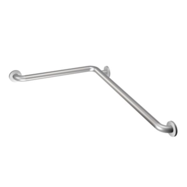 A stainless steel hand rail is shown on a white background.