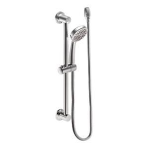A shower head with a hose attached to it on a white background.