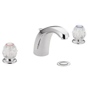 A bathroom sink faucet with clear handles on a white background