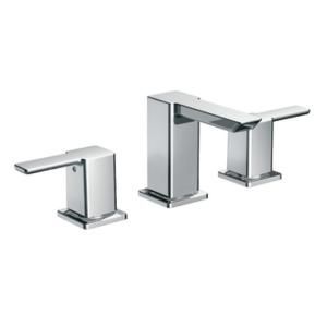 A chrome faucet with two handles on a white background