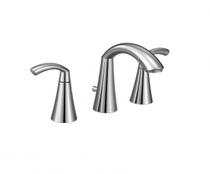 A chrome bathroom sink faucet with two handles on a white background