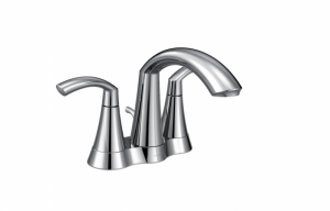 A chrome faucet with two handles on a white background