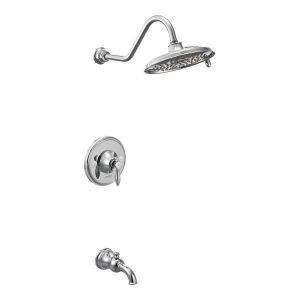 A shower head with a faucet attached to it on a white background.