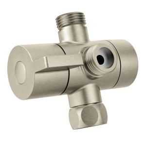 A close up of a stainless steel shower head connector on a white background.