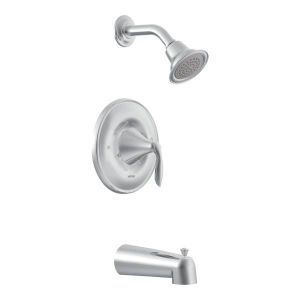 A stainless steel shower head and tub faucet on a white background.