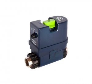 A blue valve with a green button on it