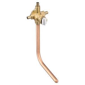 A brass valve with a copper pipe attached to it on a white background.