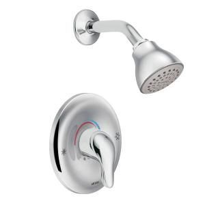 A chrome shower head and shower faucet on a white background.