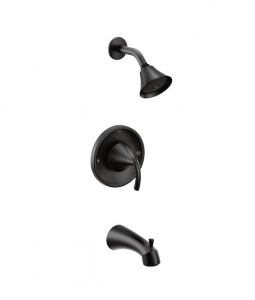 A black shower head and bathtub faucet on a white background