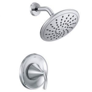 A stainless steel shower head with a handle on a white background.