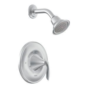 A stainless steel shower head with a handle on a white background.