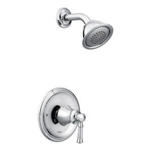 A chrome shower head with a handle on a white background.