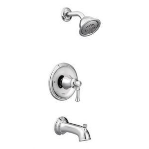A chrome shower head and tub faucet on a white background.