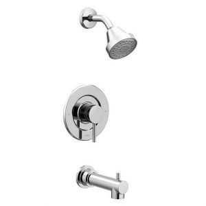 A shower head with a faucet attached to it on a white background.