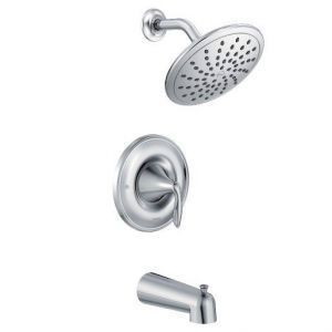 A shower head with a faucet attached to it on a white background.