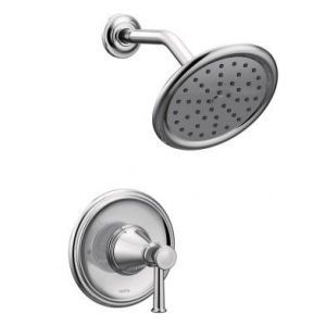 A close up of a shower head and faucet on a white background.