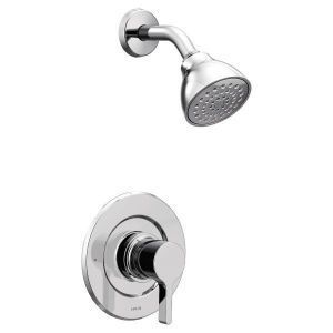 A close up of a shower head and shower faucet on a white background.
