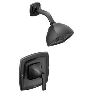 A black shower head with a square handle on a white background.