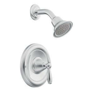 A chrome shower head with a handle on a white background.