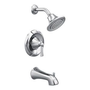 A chrome shower head and tub faucet on a white background.