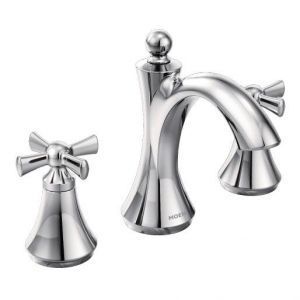A chrome bathroom sink faucet with two handles on a white background.