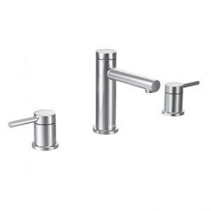 A stainless steel bathroom sink faucet with three handles on a white background.