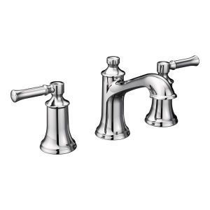 A chrome bathroom sink faucet with two handles on a white background.