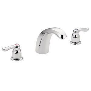 A bathroom sink faucet with three handles on a white background.