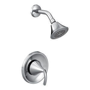 A chrome shower head with a handle on a white background.