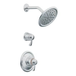 A close up of a shower head and faucet on a white background