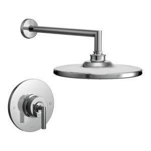 A stainless steel shower head with a faucet attached to it.